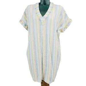 Karlie Vertical Striped Boho Shirt Mini Dress Linen Blend Pastel Colors S 1700
